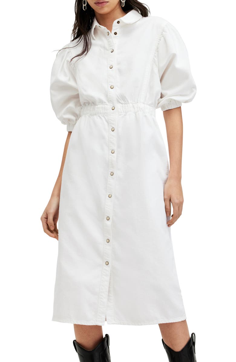 AllSaints Osa Puff Sleeve Denim Shirtdress, Alternate, color, Chalk White