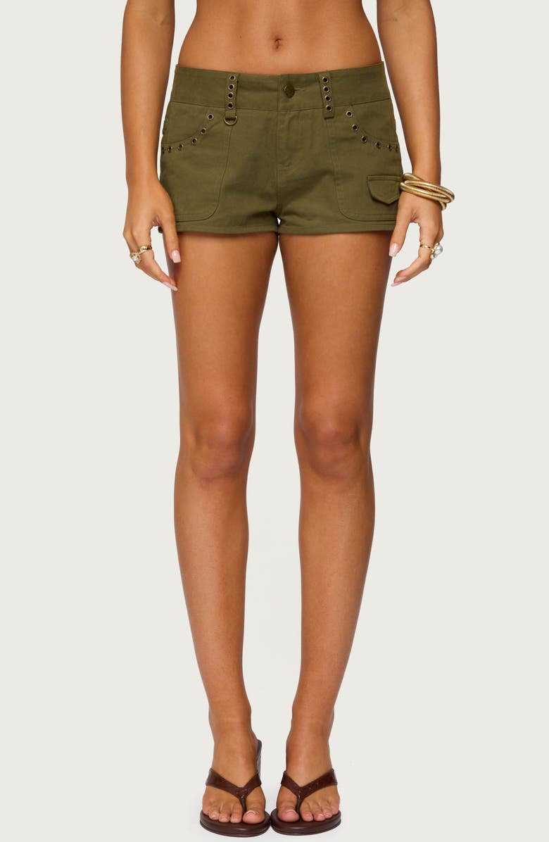 EDIKTED Hazen Grommet Low Rise Twill Shorts, Main, color, Olive-Washed