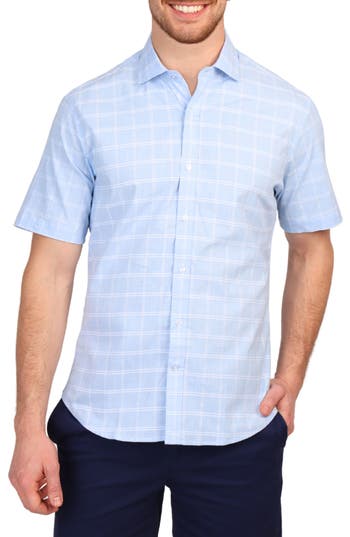 Tailorbyrd Windowpane Stretch Cotton Short Sleeve Button-down Shirt In Lt Blue