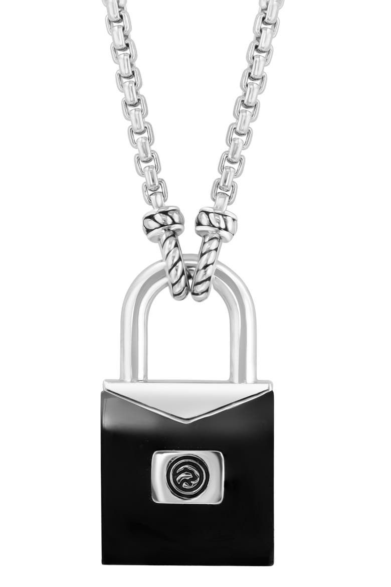 Men's Sterling Silver Onyx Lock Pendant Necklace, Alternate, color, BLACK