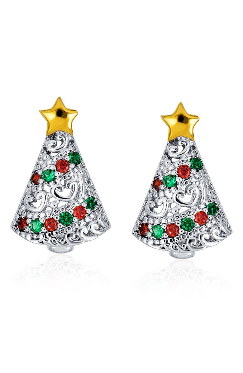 BLING JEWELRY Christmas Tree Cubic Zirconia Stud Earrings, Main, color, Silver