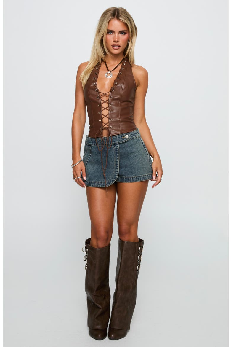 Light On Lace-Up Faux Leather Halter Top, Alternate, color, CHOCOLATE