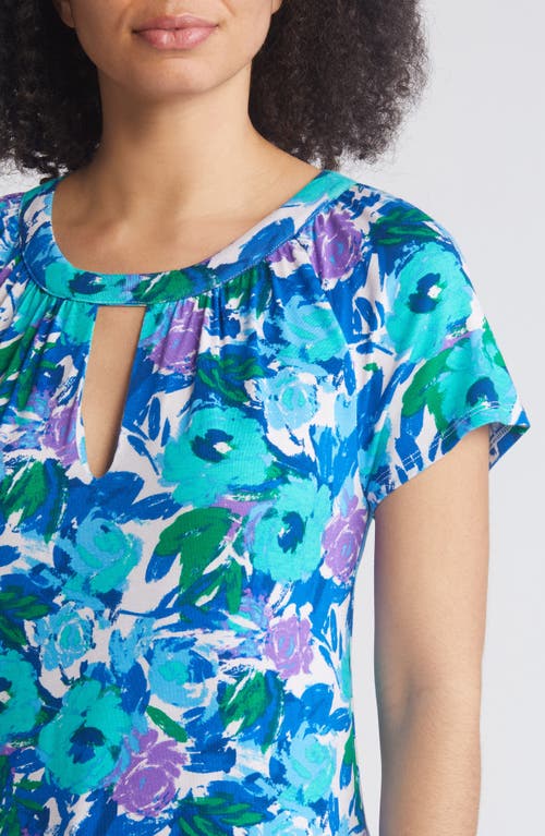 Loveappella Floral Print Keyhole Top In Blue