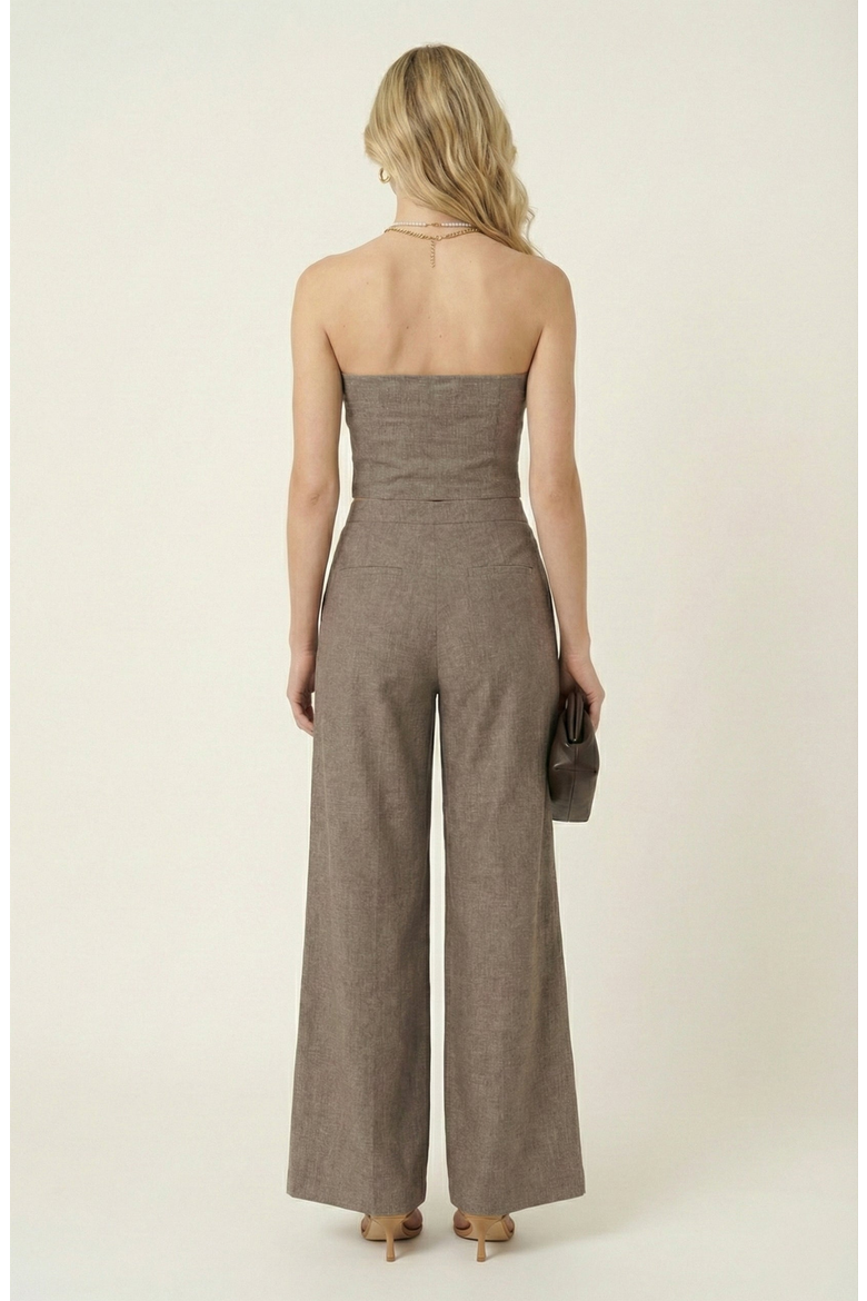 Strapless Button-Front Crop Top and Wide-Leg Pants Two-Piece Set, Alternate, color, Grey
