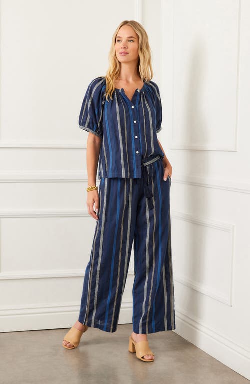 Karen Kane Stripe Embroidered Wide Leg Cotton Pants In Blue