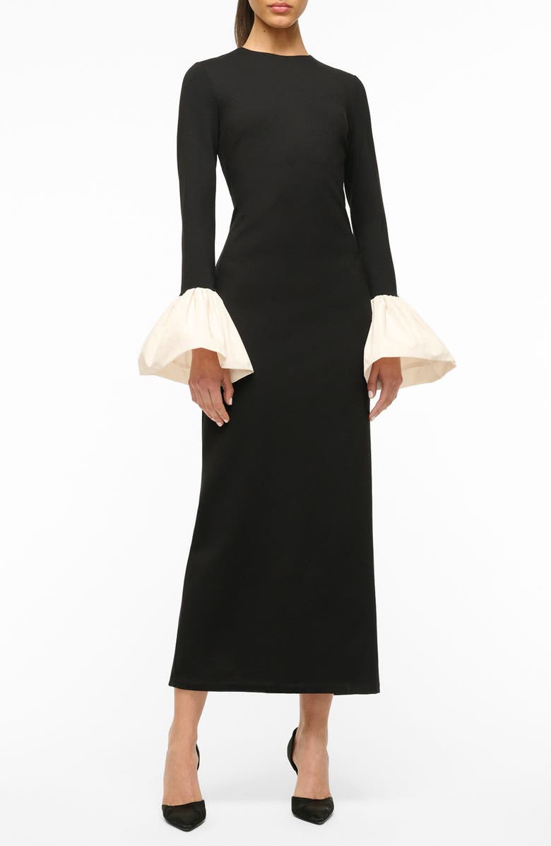 STAUD Hawthorne Contrast Ruffle Long Sleeve Sheath Gown, Main, color,