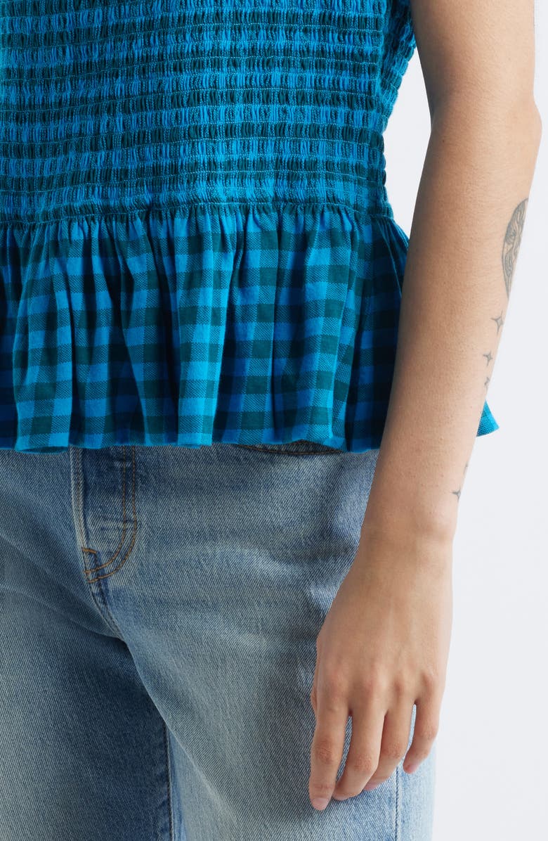 Free People Sundance Gingham Peplum Tank, Alternate, color, Teal Combo
