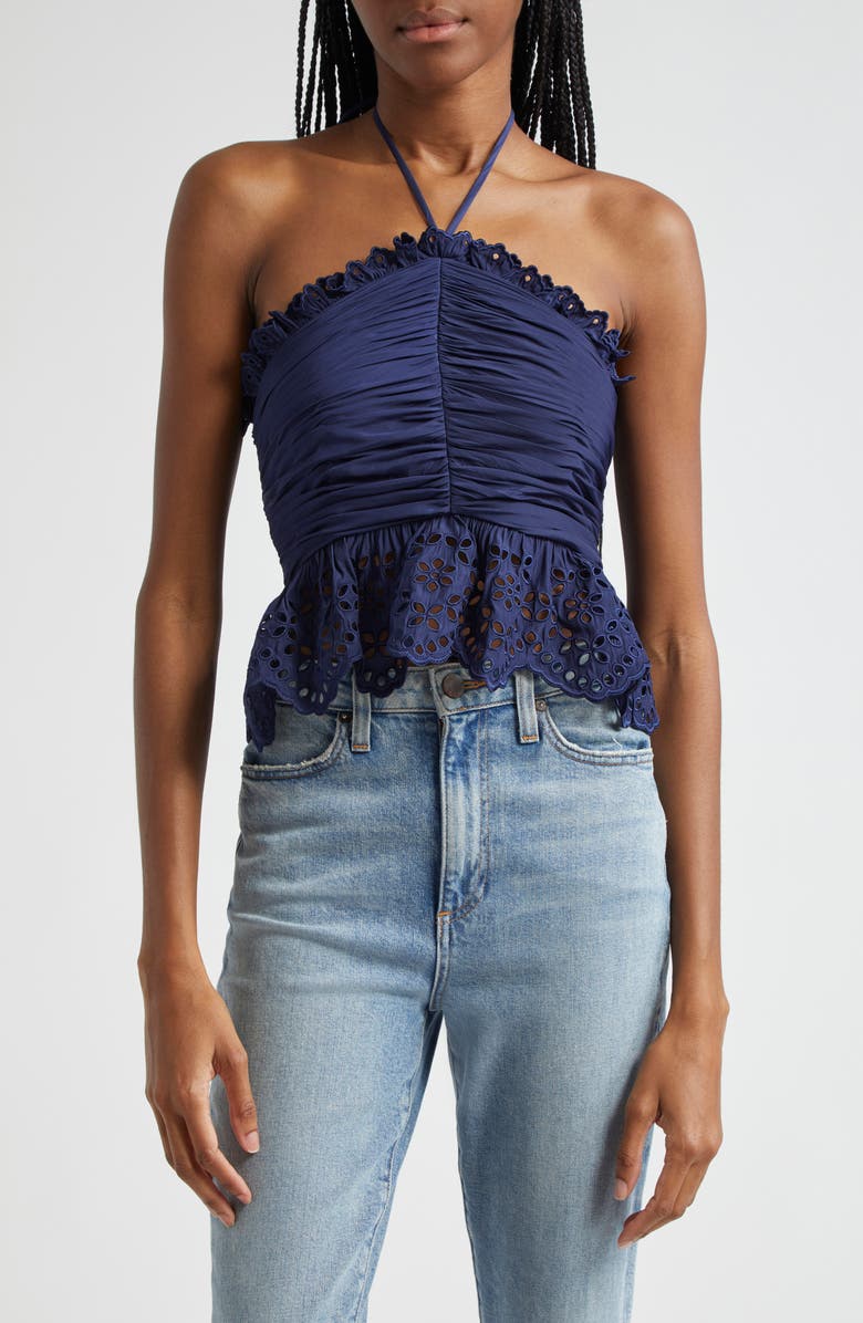 Ramy Brook Michelle Eyelet Peplum Halter Top, Main, color, Spring Navy