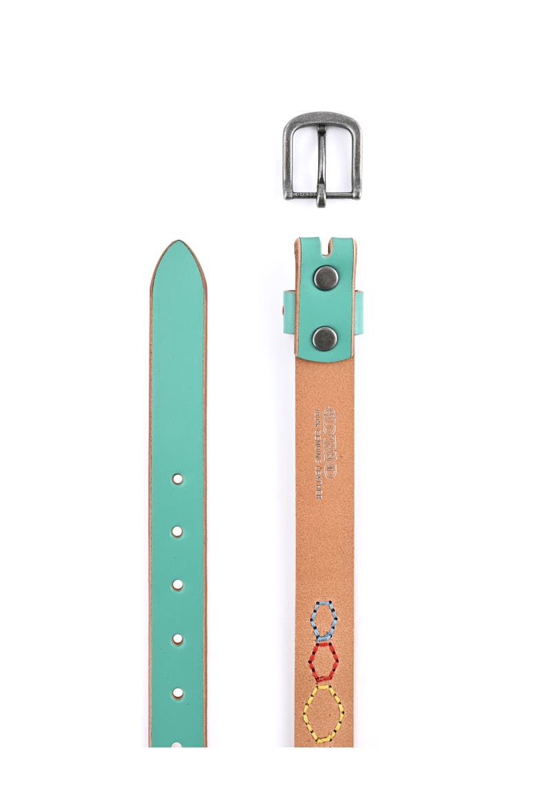 Boho Genuine Leather Stitched Perforated Detail Belt, Alternate, color, Aqua