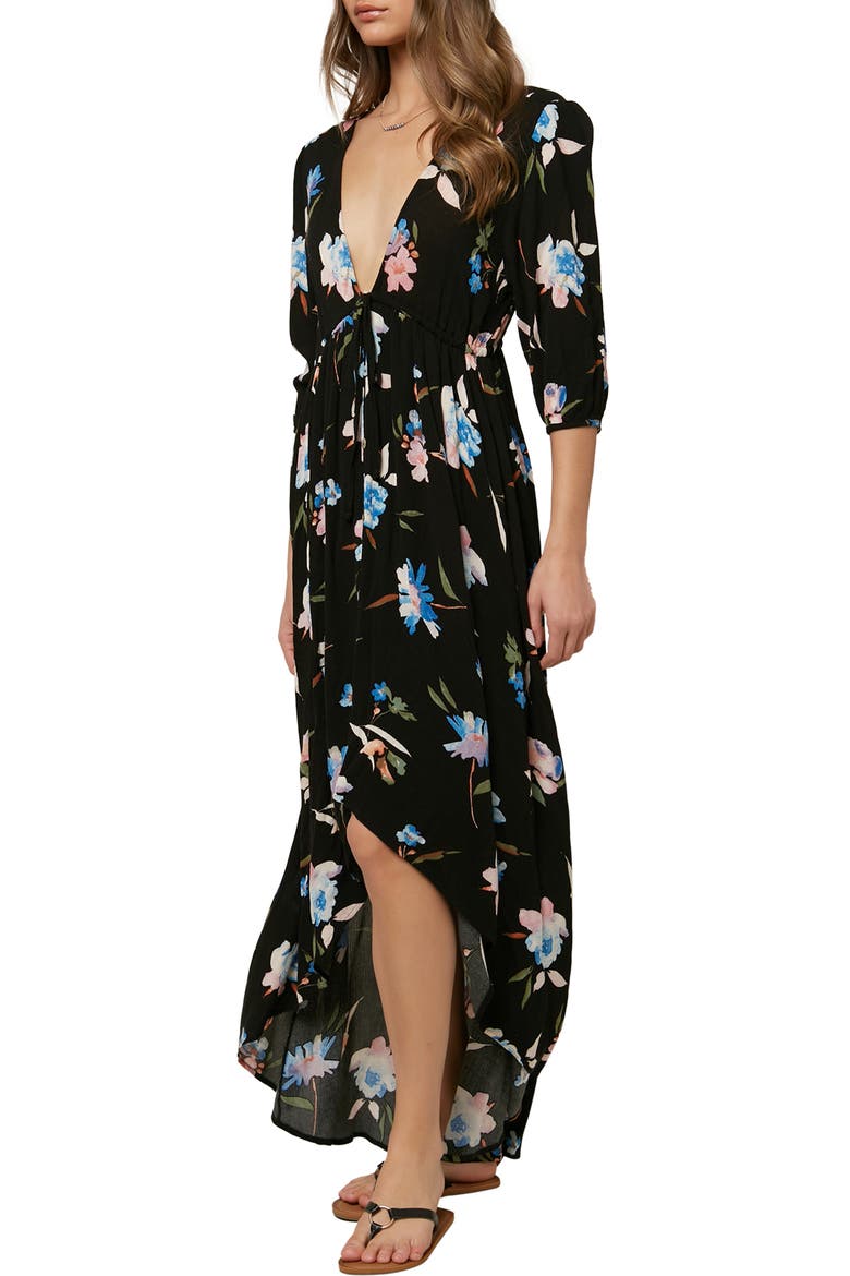 Boyce Floral High/Low Maxi Dress, Alternate, color, BLACK