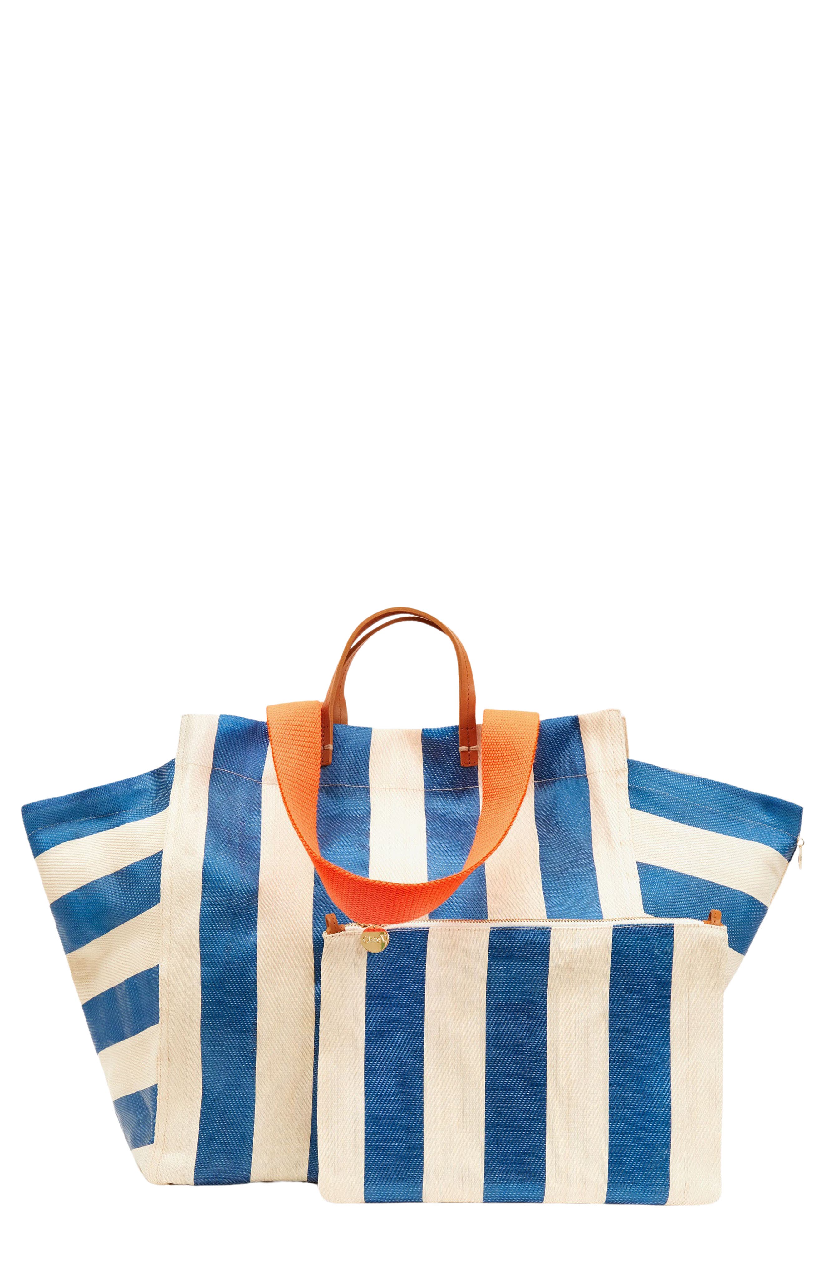 Clare V. Stripe Canvas Beach Tote, Main, color, 