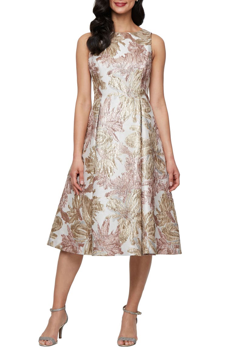 Floral Jacquard Fit & Flare Cocktail Dress, Main, color, TAUPE MULTI