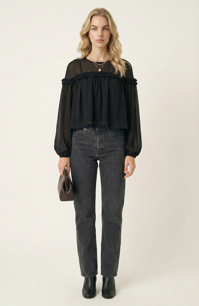 Modenaire Sheer Long Sleeve Blouse with Ruffled Trim and Flowing Silhouette, Alternate, color, Black