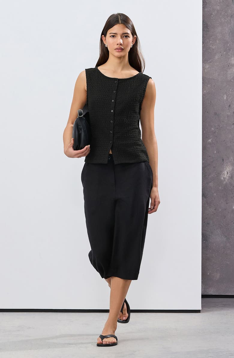 NEXT Textured Sleeveless Cotton Blend Button-Up Top, Main, color, Black