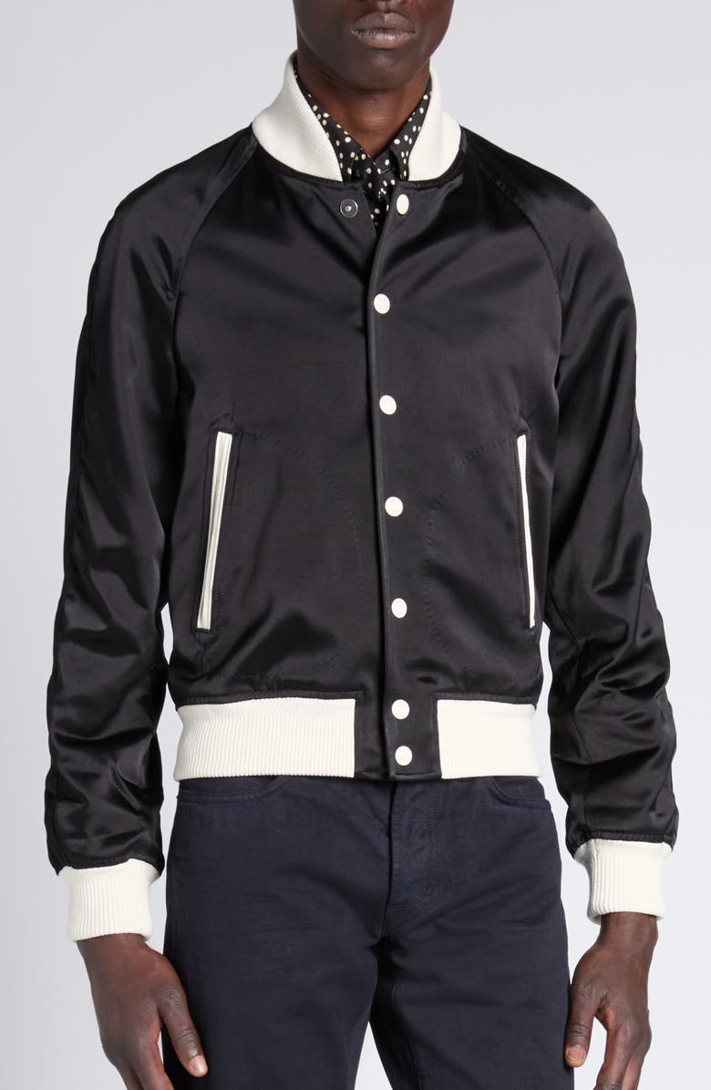TOM FORD Shiny Satin Bomber Jacket, Alternate, color, Xbkwh Black/ White