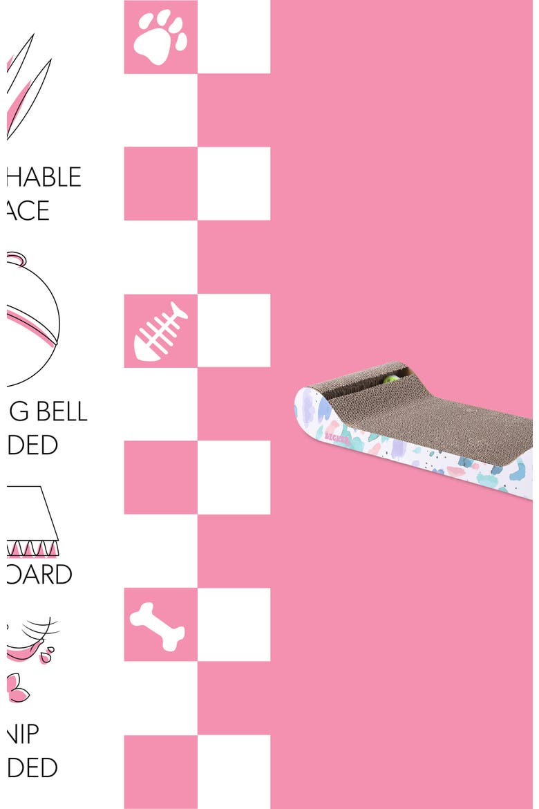 Rini Modern Cardboard Lounge Bed Cat Scratcher with Built-In Bell Toys and Catnip, Alternate, color, White/Multi