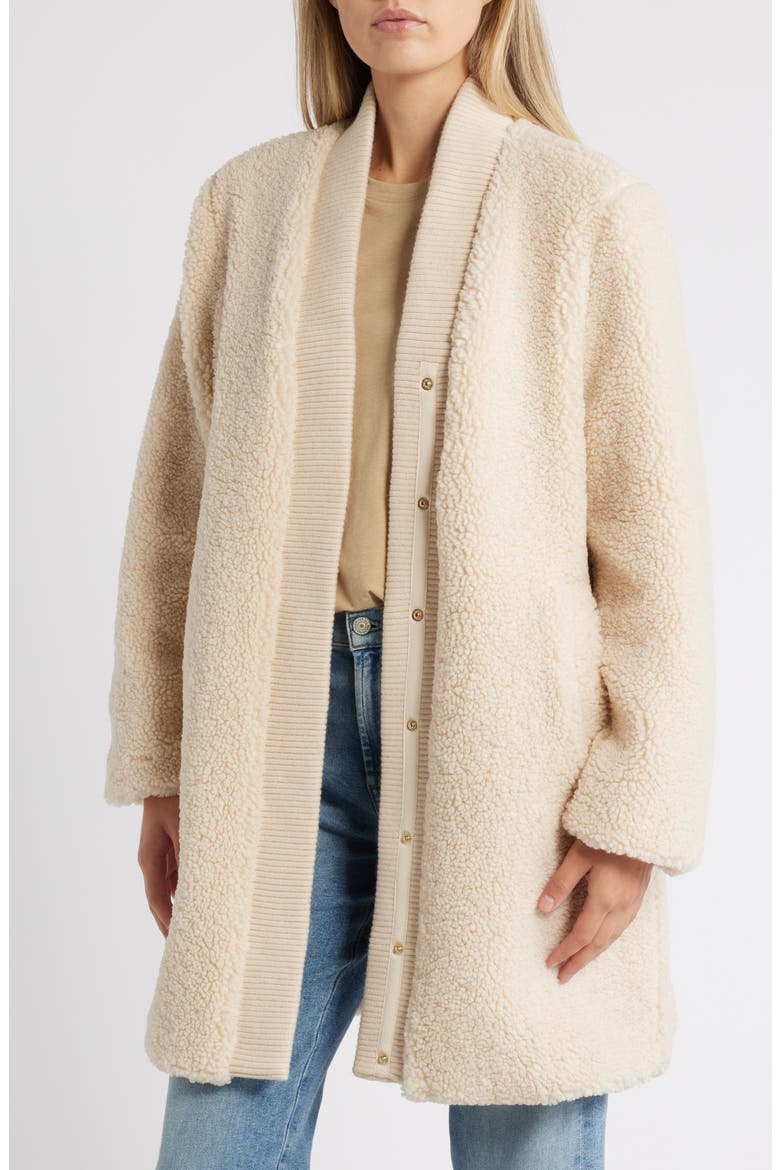 Rib Trim Faux Shearling Coat, Alternate, color, CREAM