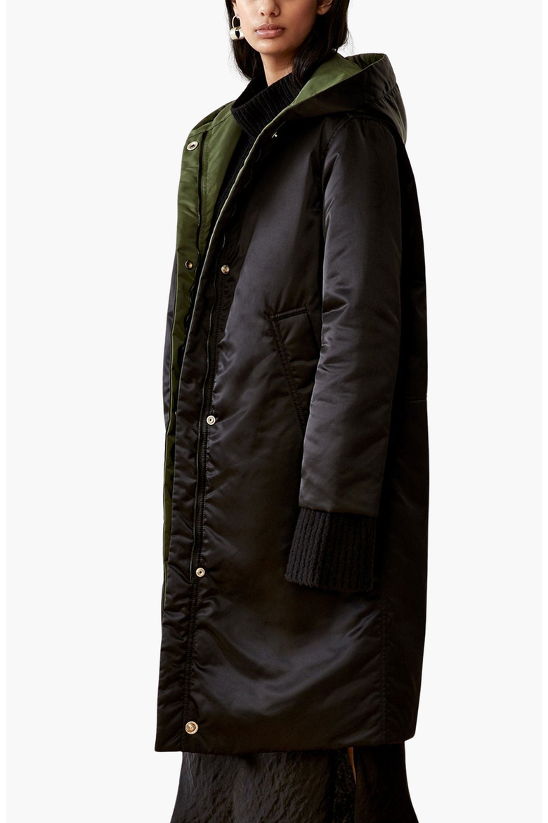 Reversible Satin Down Coat, Alternate, color, Black / Olive