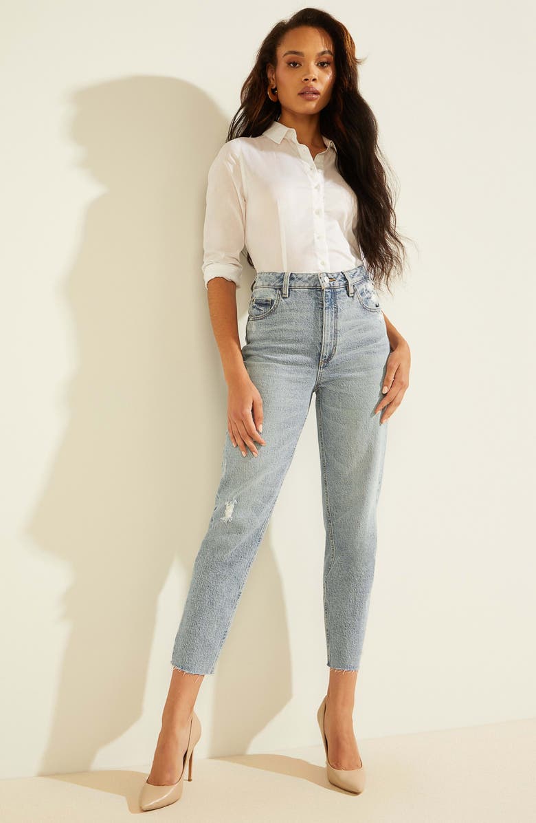 GUESS Distressed Raw Hem Ankle Mom Jeans, Alternate, color, Moonstone Blue