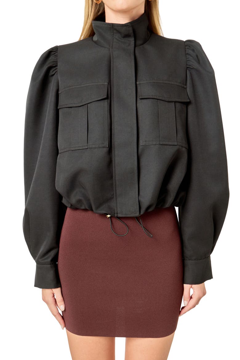 Drawstring Crop Bomber Jacket, Alternate, color, BLACK