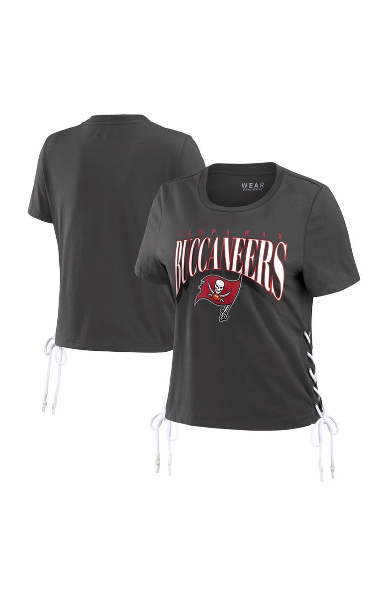 WEAR by Erin Andrews Women's WEAR by Erin Andrews Pewter Tampa Bay Buccaneers Lace Up Side Modest Cropped T-Shirt, Main, color,