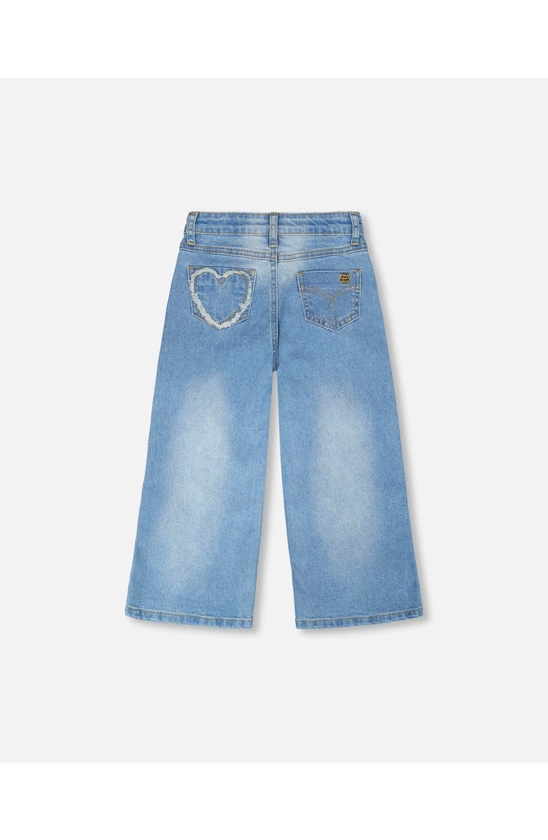 Deux par Deux Wide Leg Heart Embroidery Denim Jeans, Alternate, color, Light Blue Denim