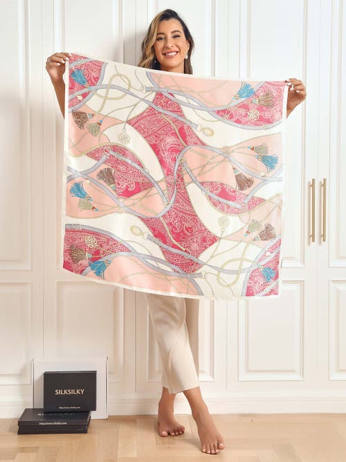 Silksilky 100% Mulberry Silk Printed Square Shawl Scarf 88*88cm In Pink