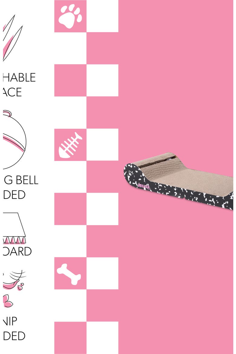 Rini Modern Cardboard Lounge Bed Cat Scratcher with Built-In Bell Toys and Catnip, Alternate, color, Black/White