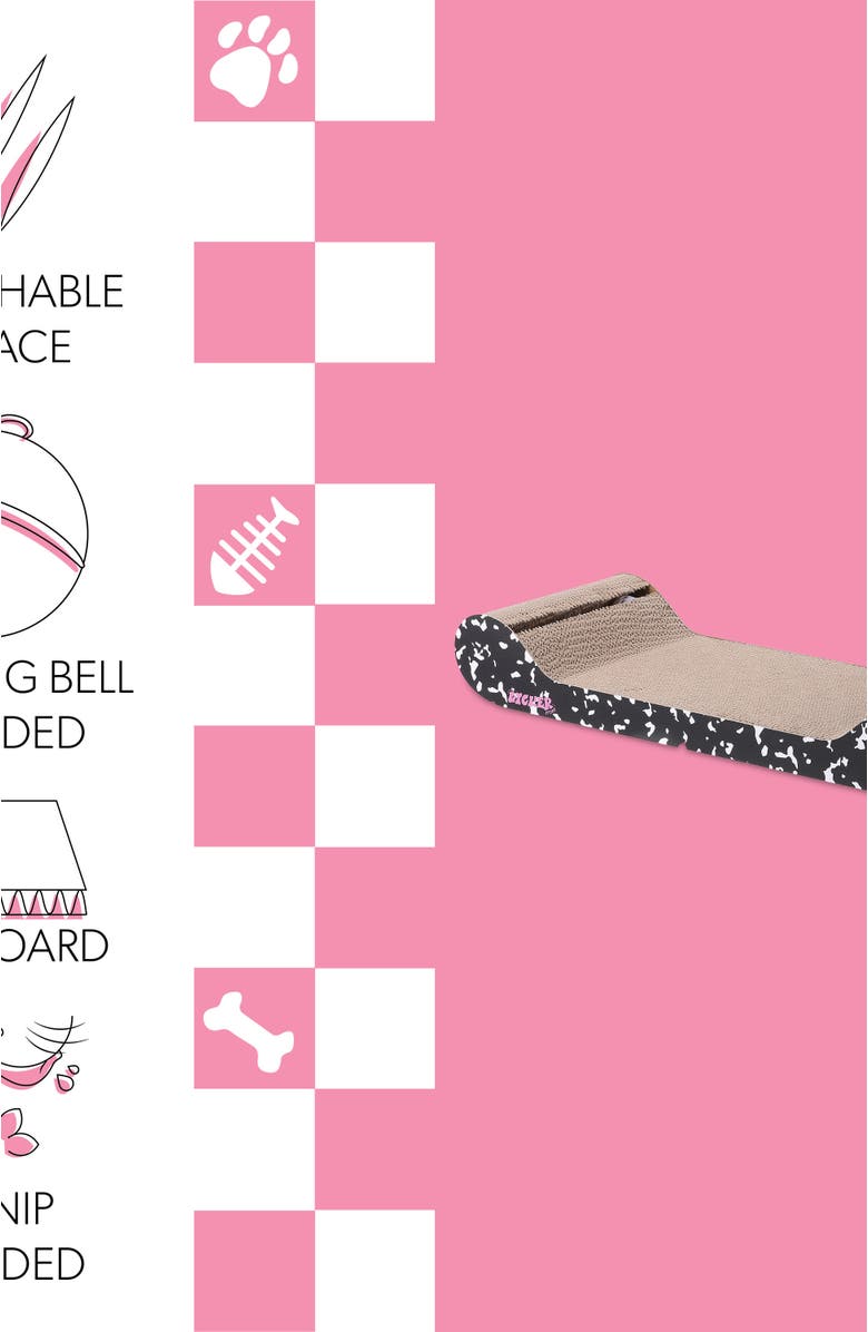 The Licker Store Rini 23.75" Modern Cardboard Lounge Bed Cat Scratcher with Built-In Bell Toys and Catnip, Alternate, color, Black/White