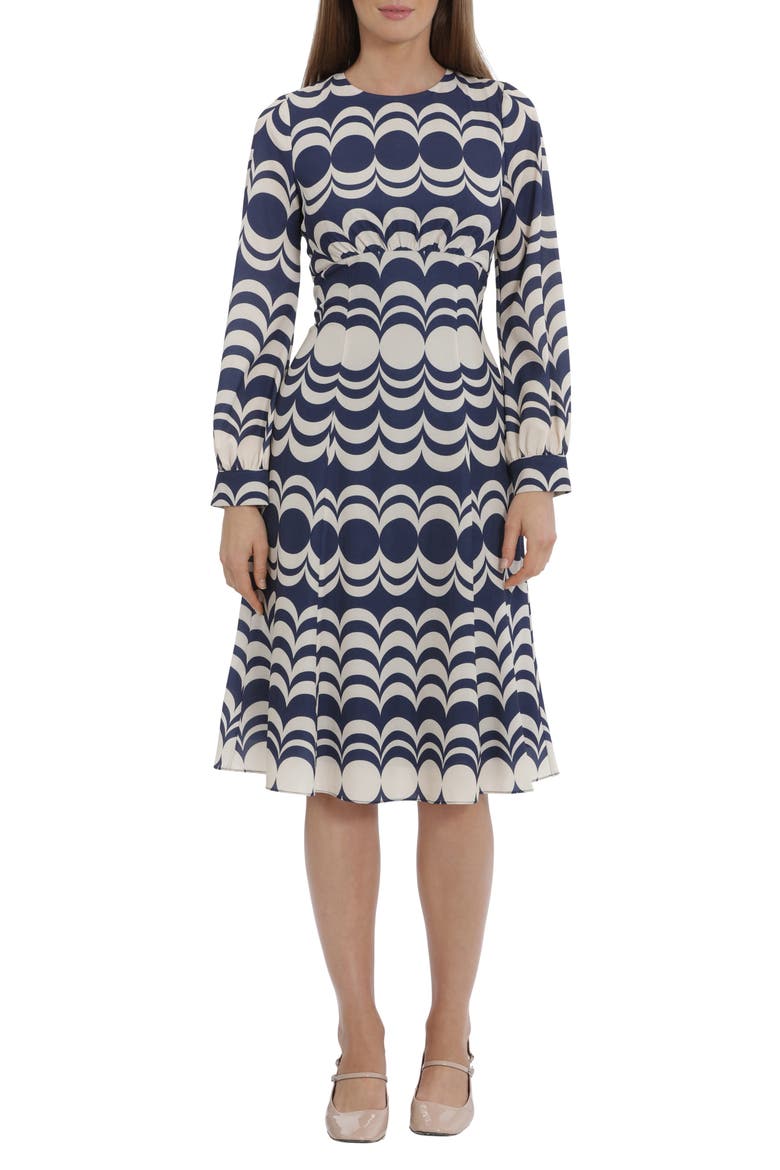 Geo Print Long Sleeve Dress, Main, color, NAVY/ BEIGE