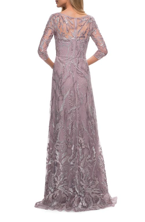 La Femme Sequin Lace Long Dress With Sheer Sleeves In Mauve