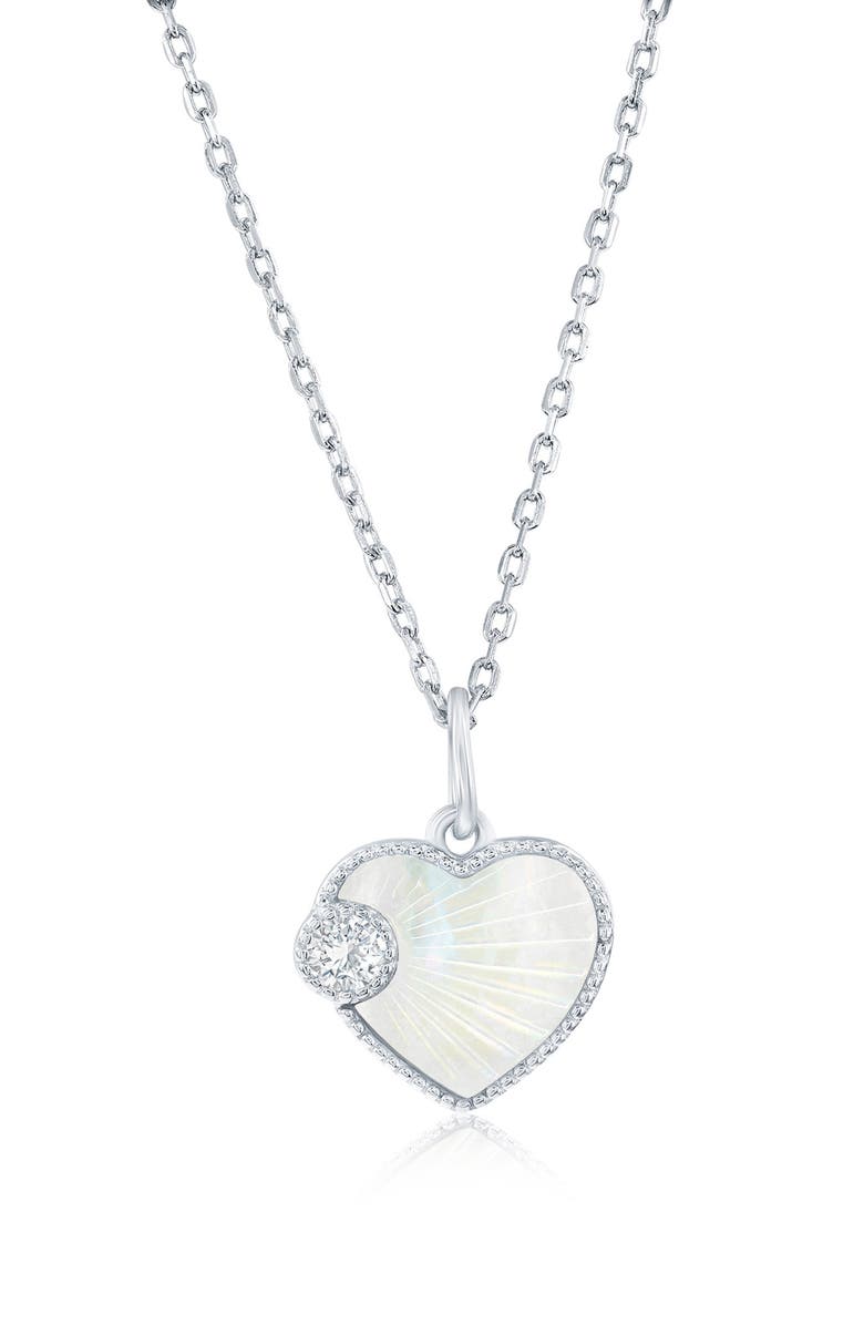 SIMONA Cubic Zirconia & Mother-of-Pearl Heart Pendant Necklace, Main, color, Silver