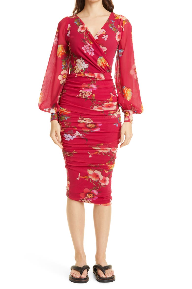 Ruched Floral Print Long Sleeve Faux Wrap Dress, Main, color, PORPORA