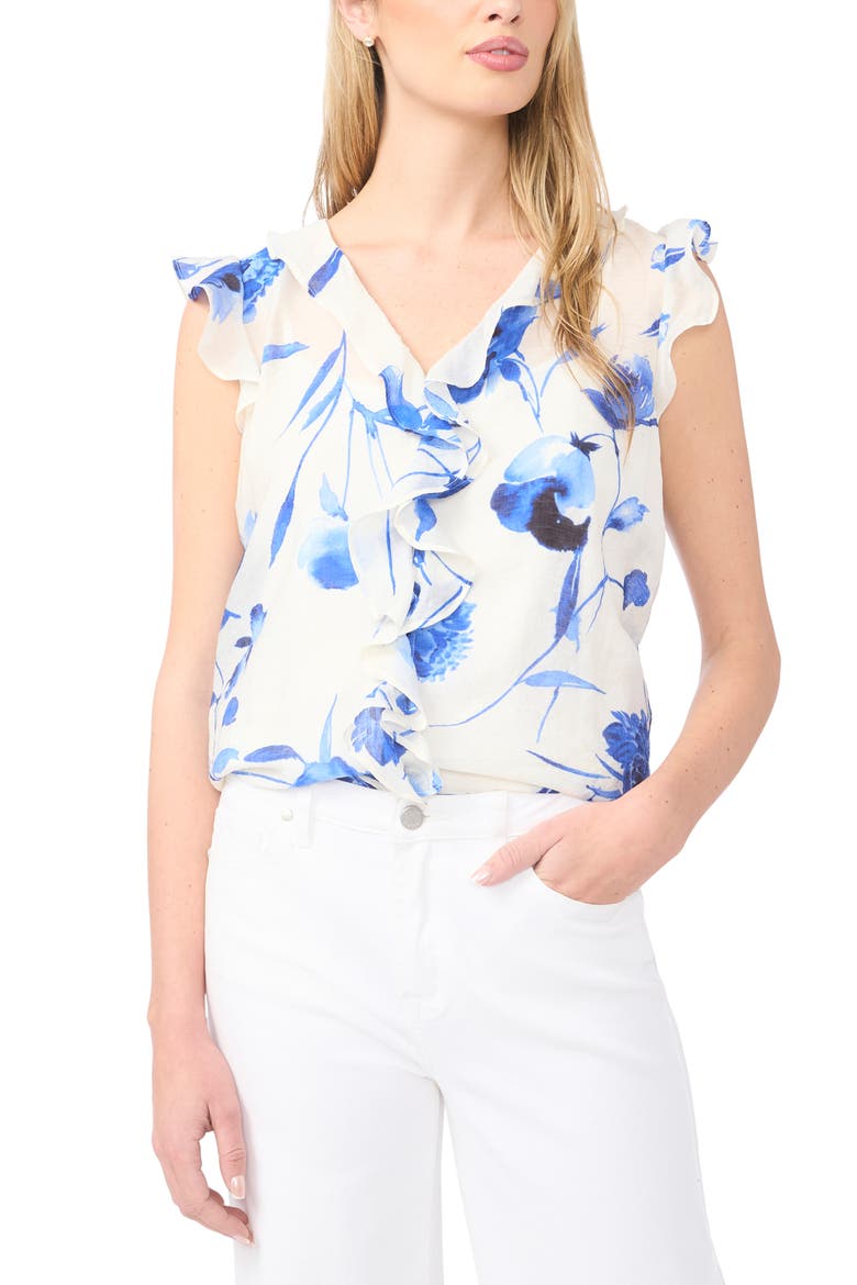 Floral Ruffle Trim Flutter Sleeve Top, Main, color, DAZZLING BLUE