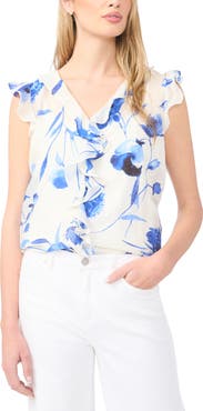 Halogen® Floral Ruffle Trim Flutter Sleeve Top