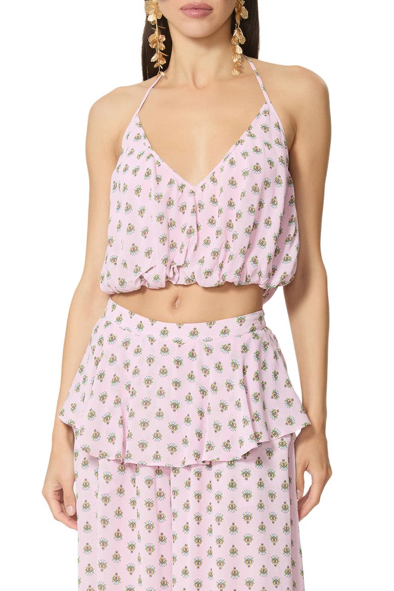 Ailee Micro Print Halter Bubble Hem Crop Top, Main, color, CROCUS FOULARD
