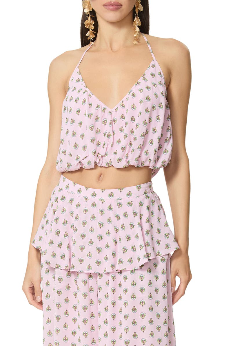 AFRM Ailee Micro Print Halter Bubble Hem Crop Top, Main, color, Crocus Foulard