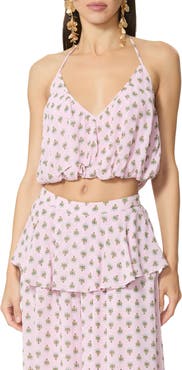 AFRM Ailee Micro Print Halter Bubble Hem Crop Top