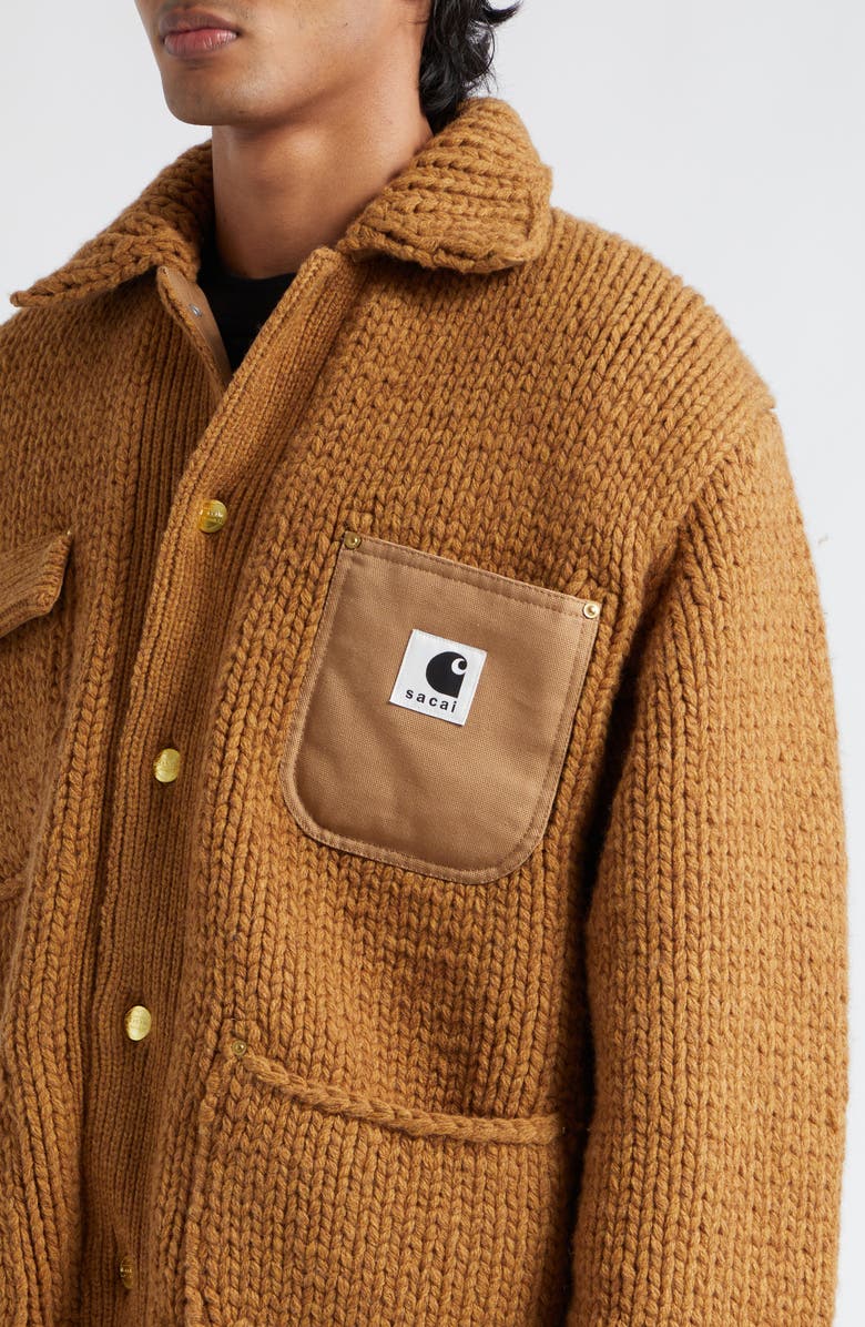 Sacai Carhartt WIP Logo Patch Wool Blend Knit Jacket, Alternate, color,