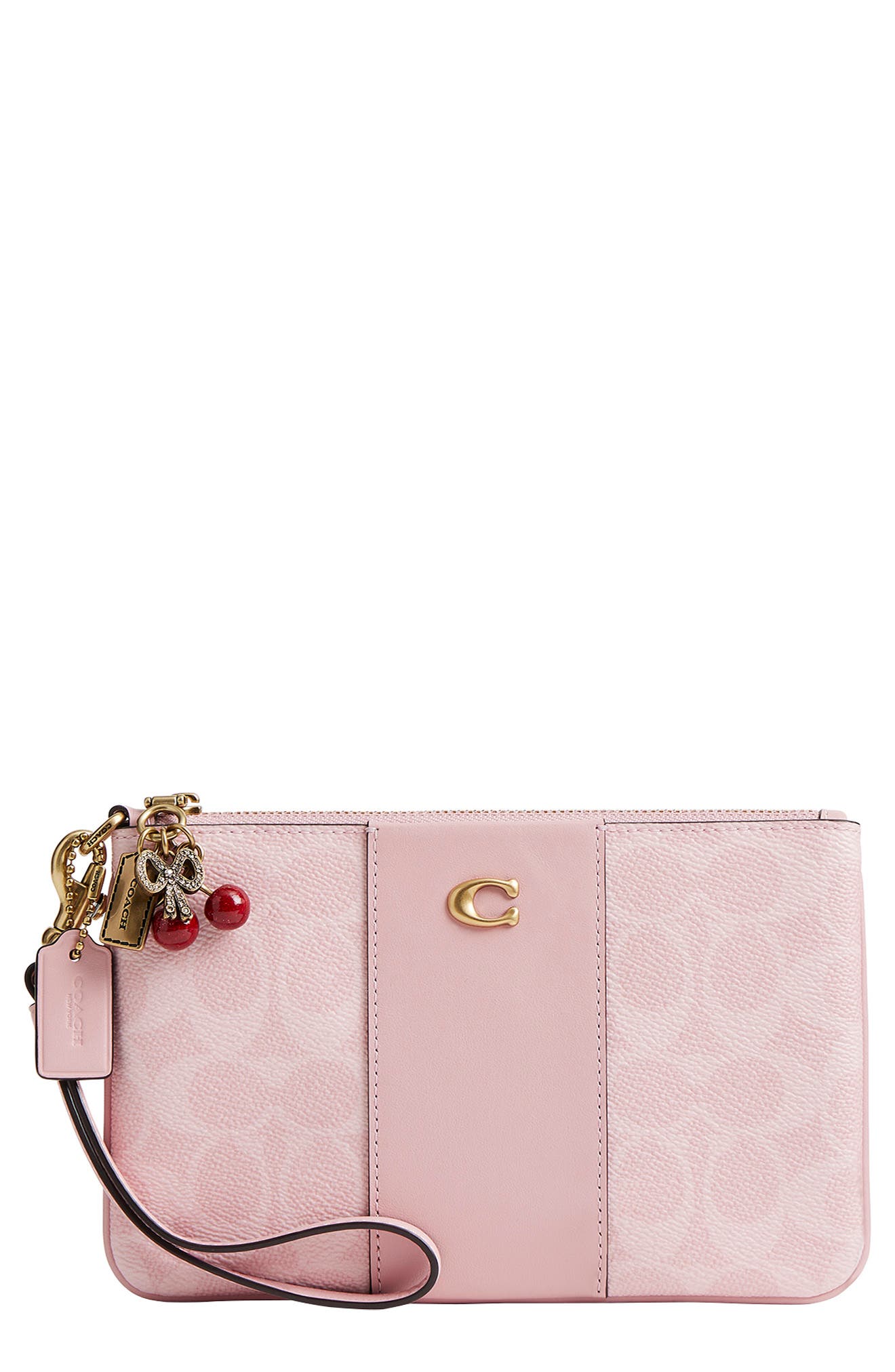 Signature Coated Canvas & Leather Small Wristlet with Charms, Main, color, B4/ POWDER PINK