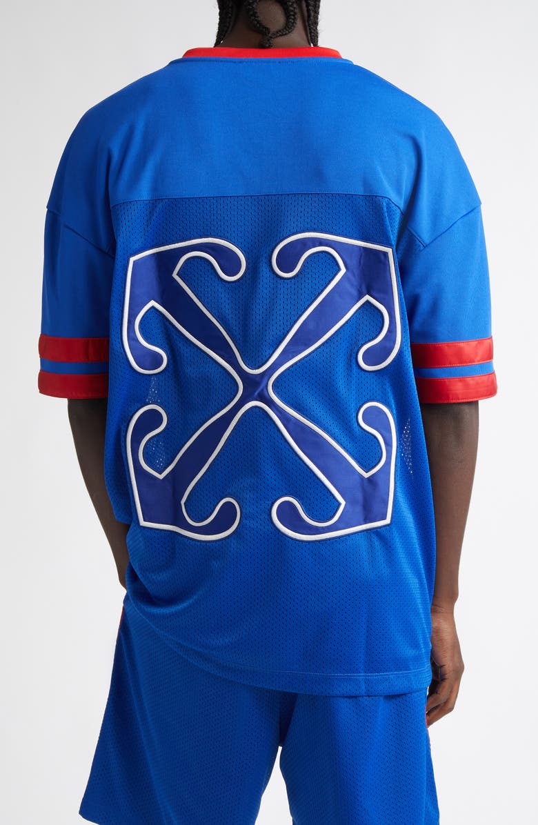 Off-White Cat Logo V-Neck Football Mesh Graphic T-Shirt, Alternate, color,