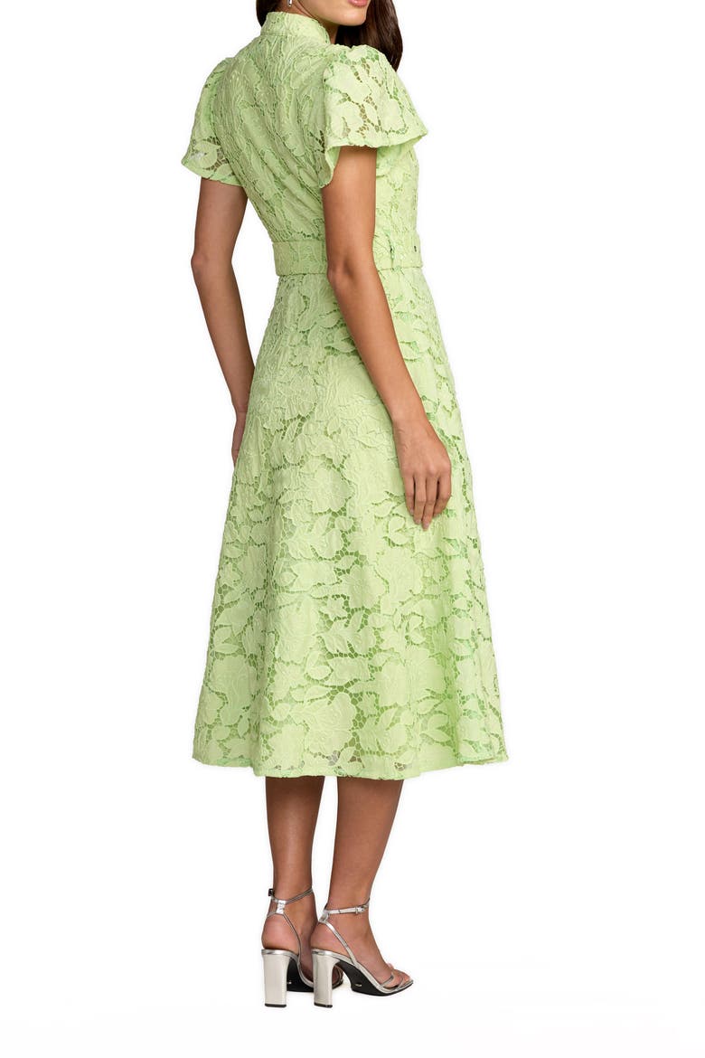 High Neck Lace Puff Sleeve Belted Midi Dress, Alternate, color, Sage
