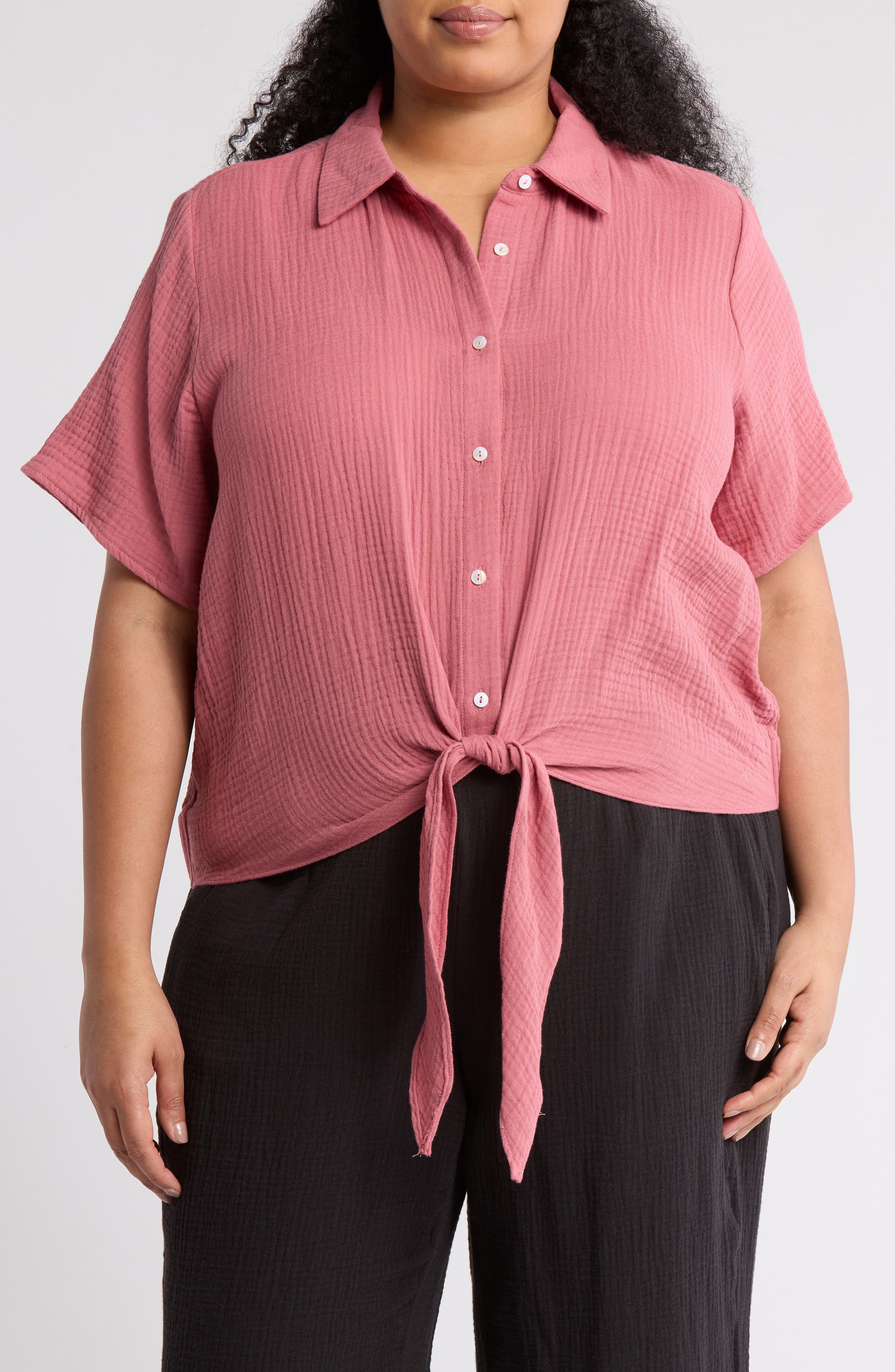 T Tahari Short Sleeve Gauze Tie Camp Shirt