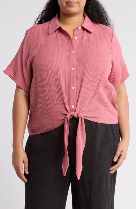 Short Sleeve Gauze Tie Camp Shirt (Plus)