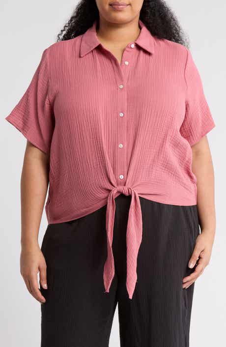 T Tahari Short Sleeve Gauze Tie Camp Shirt