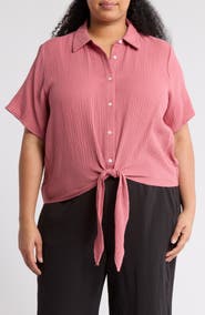 T Tahari Short Sleeve Gauze Tie Camp Shirt