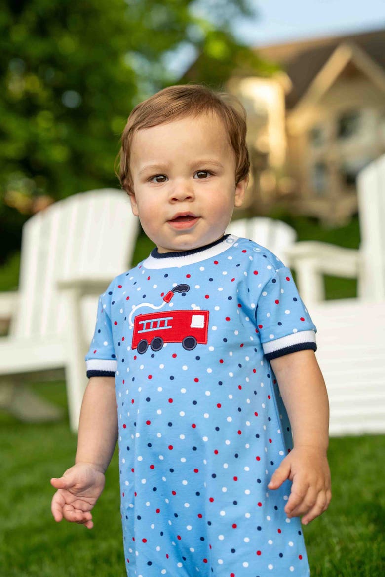 Printed Knit Shortall With Fire Truck, Alternate, color, Blue/Multi