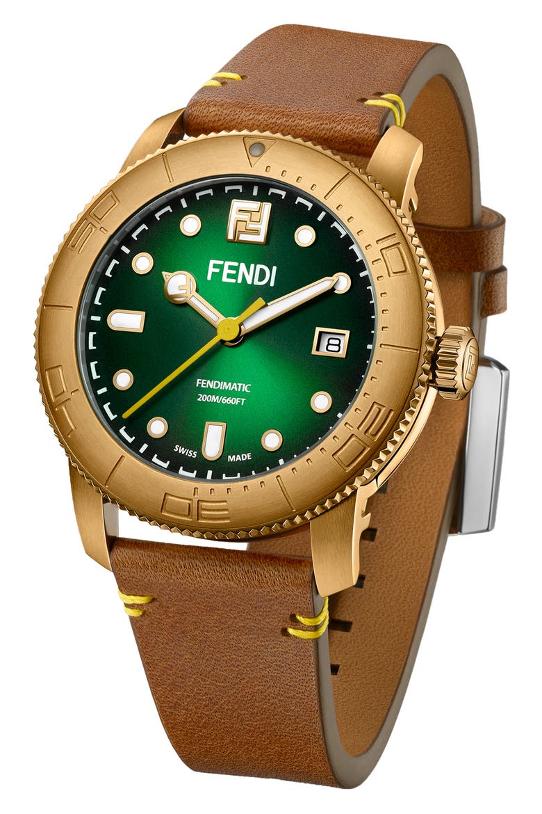 Green Opalin Leather Strap Watch, 42mm, Alternate, color, BRONZE