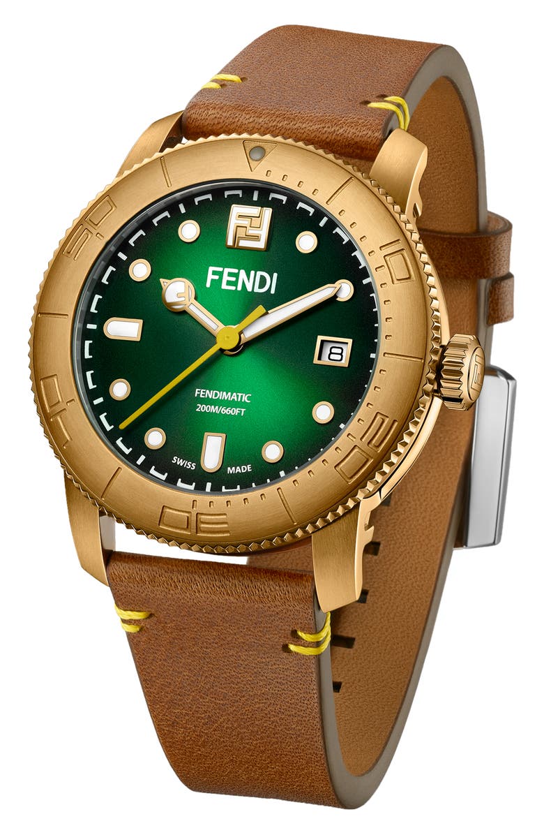 Fendi Green Opalin Leather Strap Watch, 42mm, Alternate, color,