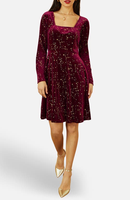 Yumi Star Foil Print Skater Dress In Burgundy